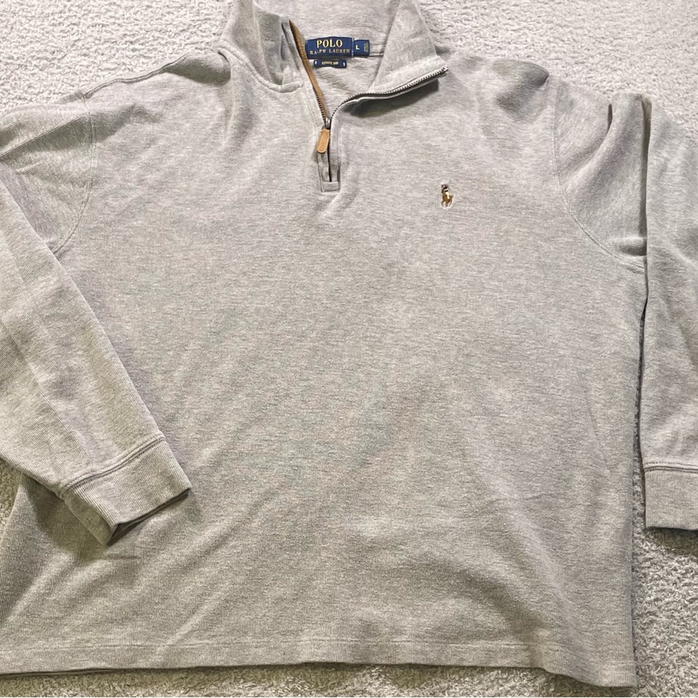 Ralph Lauren Polo Sweater Men Large Gray Estate Rib Pull Over Quarter Zip Cotton